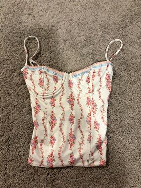 Edikted Floral Corset-Style Spaghetti Strap Tank Top - White/Pink
